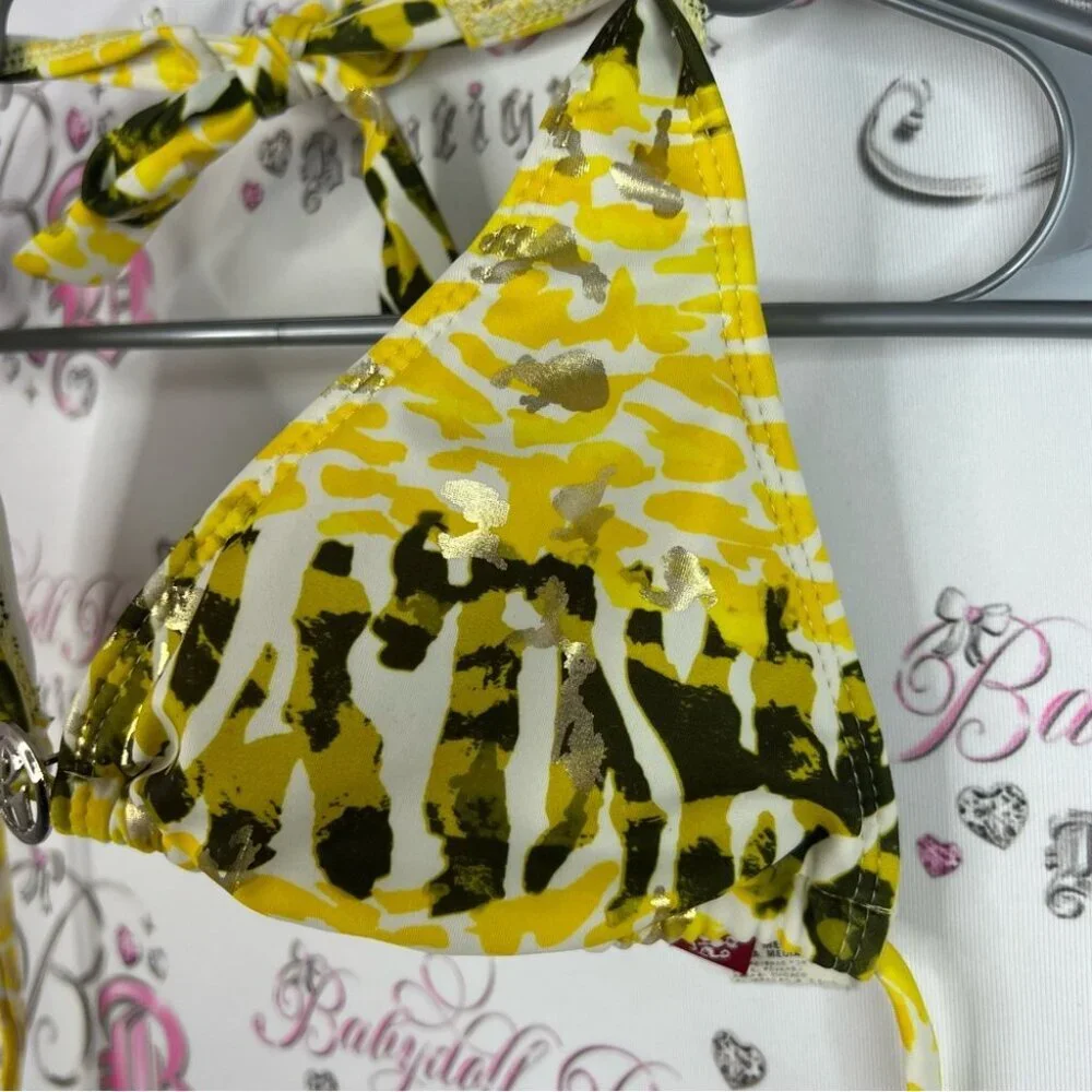 Guess bikini top triangle tie up Yellow and Black Bikini Top y2k metal charm